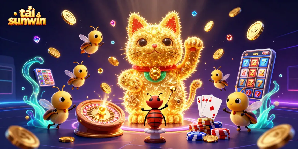 Experience the thrill of tải sunwin as vibrant fireflies and a lucky cat celebrate casino wins.