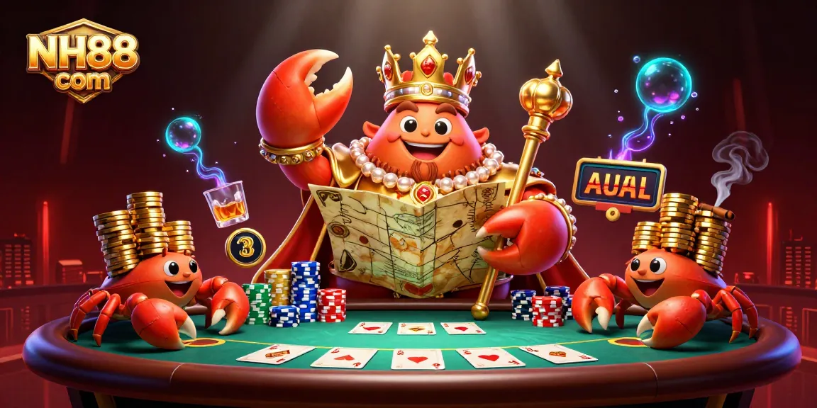 Experience thrilling casino action with NH88 com's vibrant 3D crab emperor in a lively poker scene.