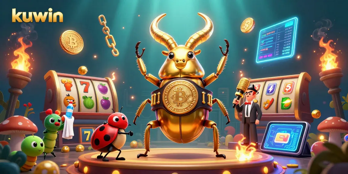Kuwin platform features a giant beetle champion in a casino-themed scene with slots and crypto coins.