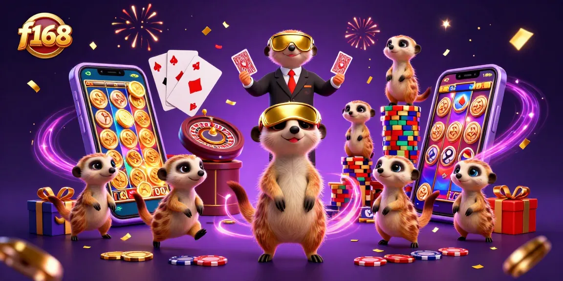 Experience the excitement of f168 with meerkats managing a vibrant casino, featuring colorful slot games and confetti.